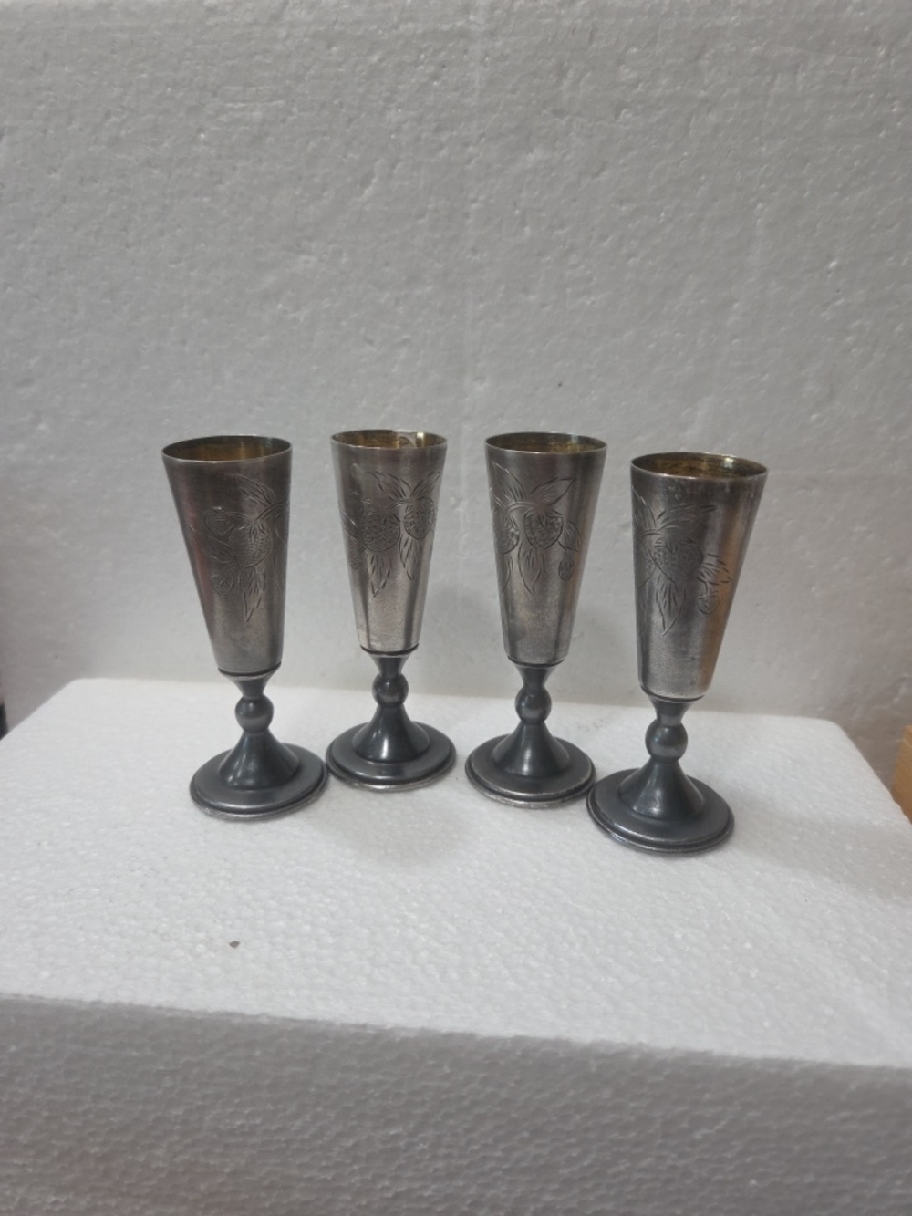 VTG Set of 4 Etched  Cordial Cups - Sterling Silver 925 Soviet Era 1950s 122g